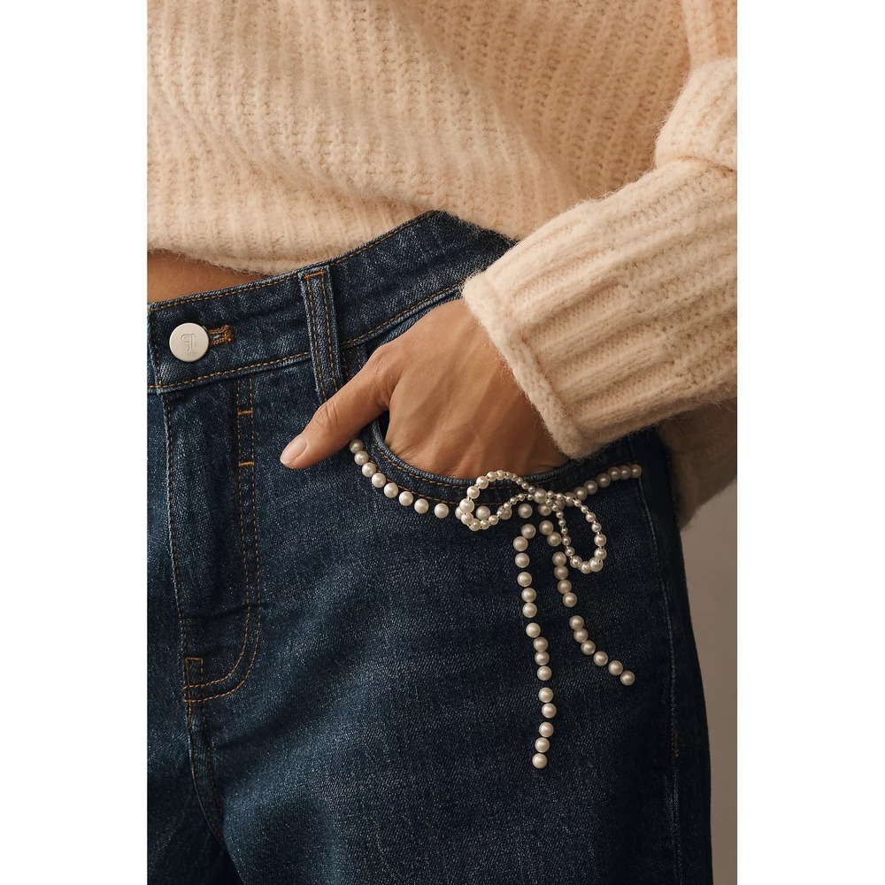 Pilcro Anthropologie Pearl Bow Embellished Wide Leg Low Rise Jeans Dark Wash 29 - Picture 5 of 9
